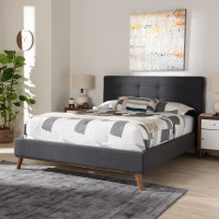 Baxton Studio BBT6662-Dark Grey-Queen Valencia Mid-Century Modern Dark Grey Fabric Queen Size Platform Bed